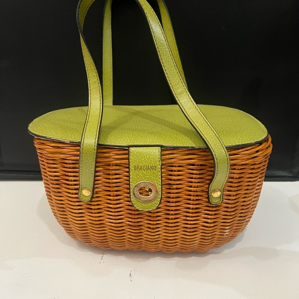 Braciano Lime Green Leather-Trim Wicker Tote Bag